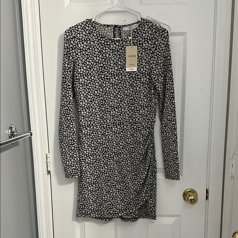 Mango Black and White Floral Long Sleeve Dress